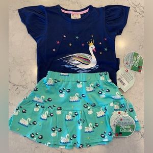 Organic cotton Piccalilly Swan shirt and skirt set NWT size 3-4